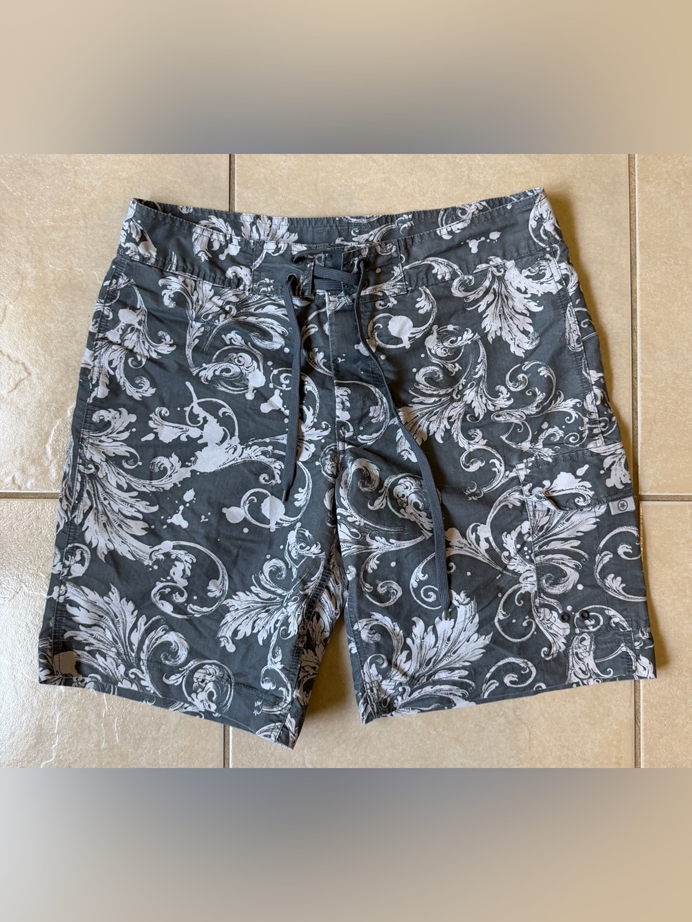 Converse One Star Board Shorts Mens 34 Gray White Scroll Pattern Swim Trunks